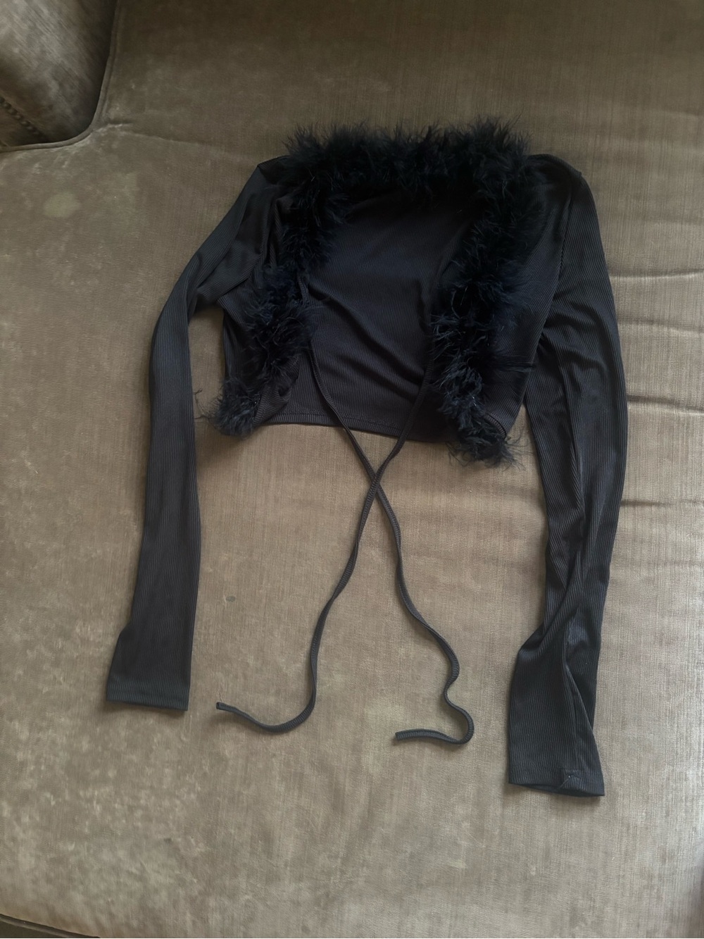 Black Feather Trim Long Sleeve Crop Top